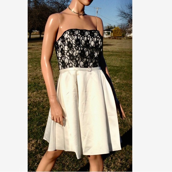 D. Tutura~Gather & Gown* Lace/Satin Mini Bridal Prom Party Dress Blk/Ivory~10 - Picture 2 of 11